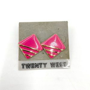 Vintage 80s Earrings Pierced Enamel Pink Square Lightweight Pressed Metal.